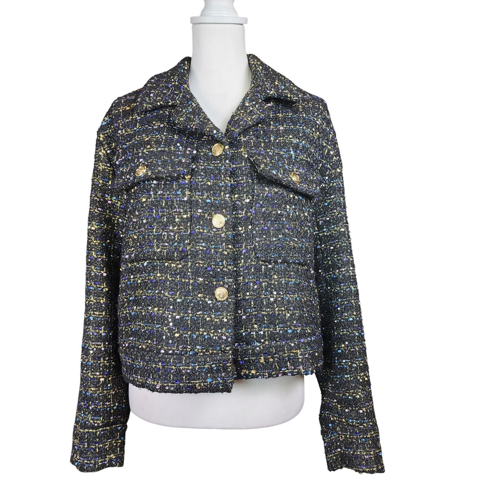 Marled Tweed Jacket Women's Large Black Gold Metallic Crop Blazer Party Preppy